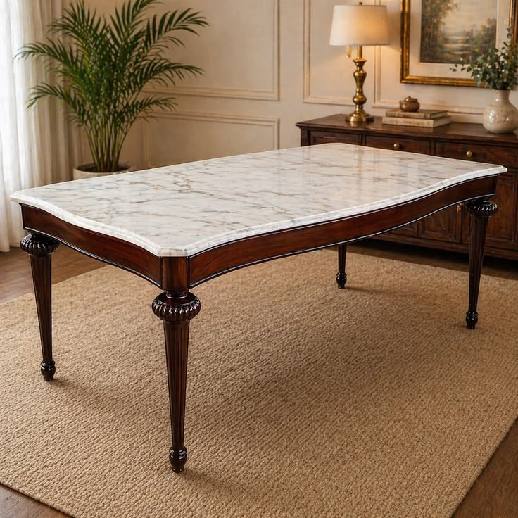 Solid teak sleek design marble 6 seater dining table